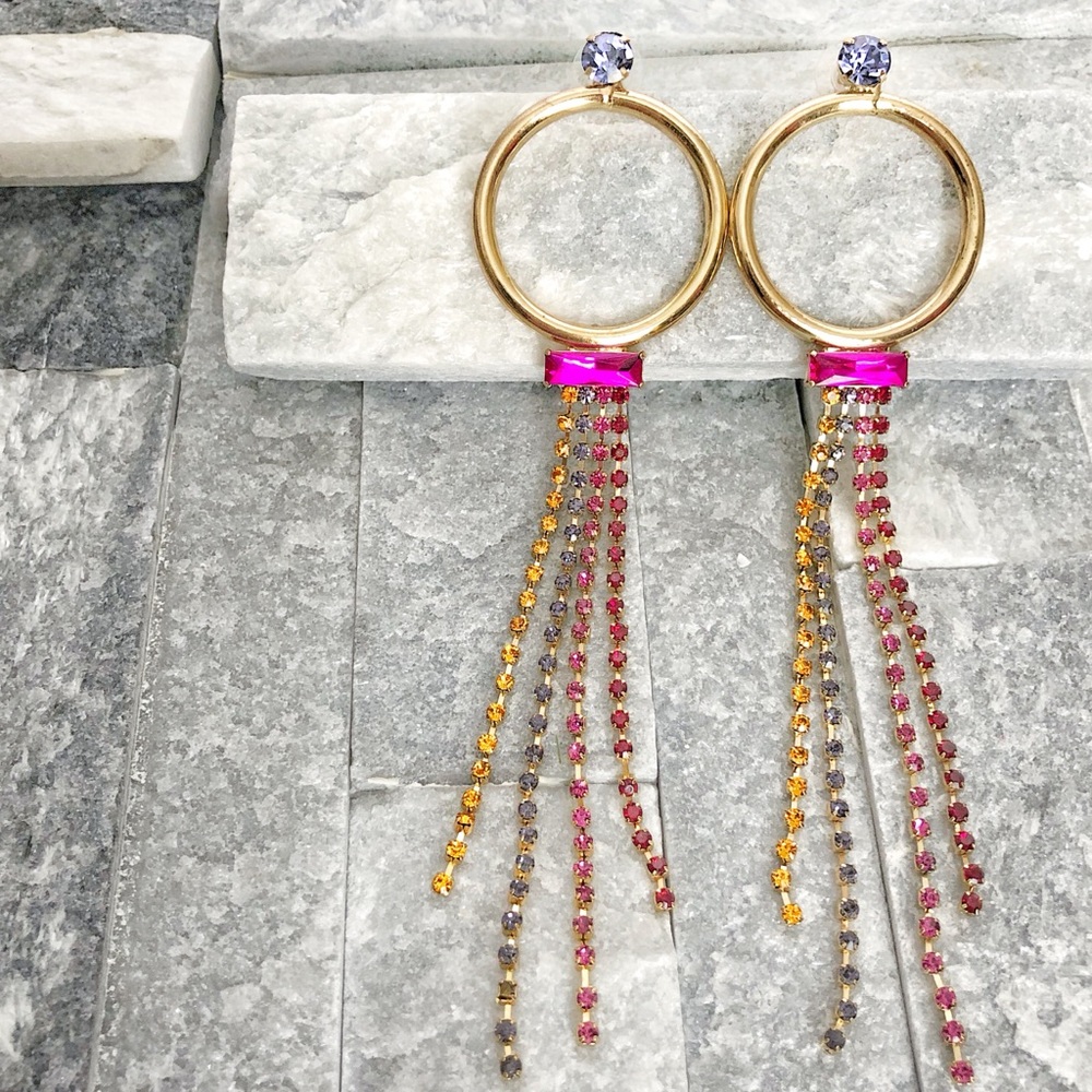 Purple Studs, Gold Hoops, Rainbow Dangle Earrings
